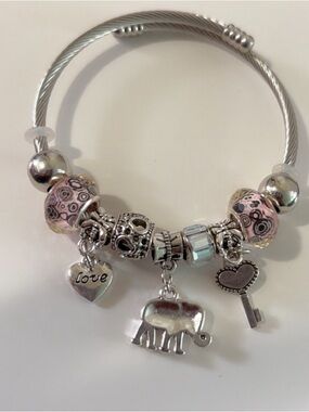 Silver Charm Bracelet with Pink Glass Beads and Elephant Charm